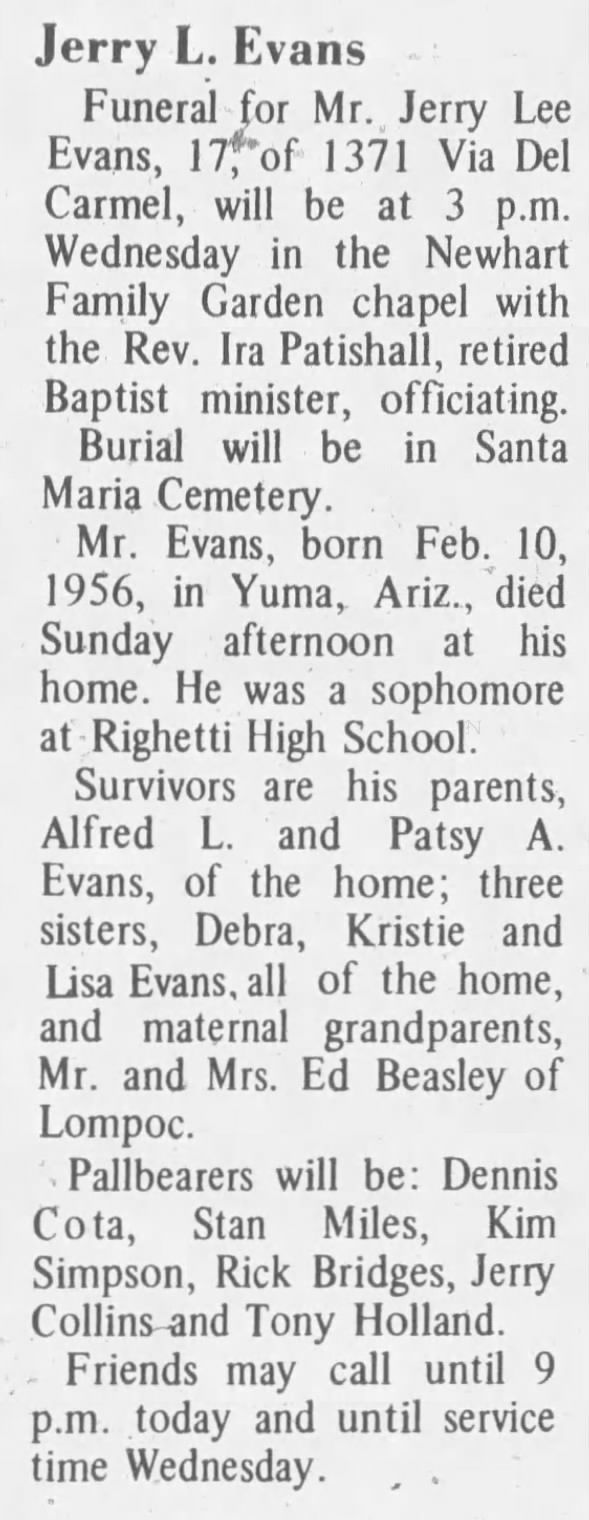 Obituary for Jerry Lee Evans (Aged 17)